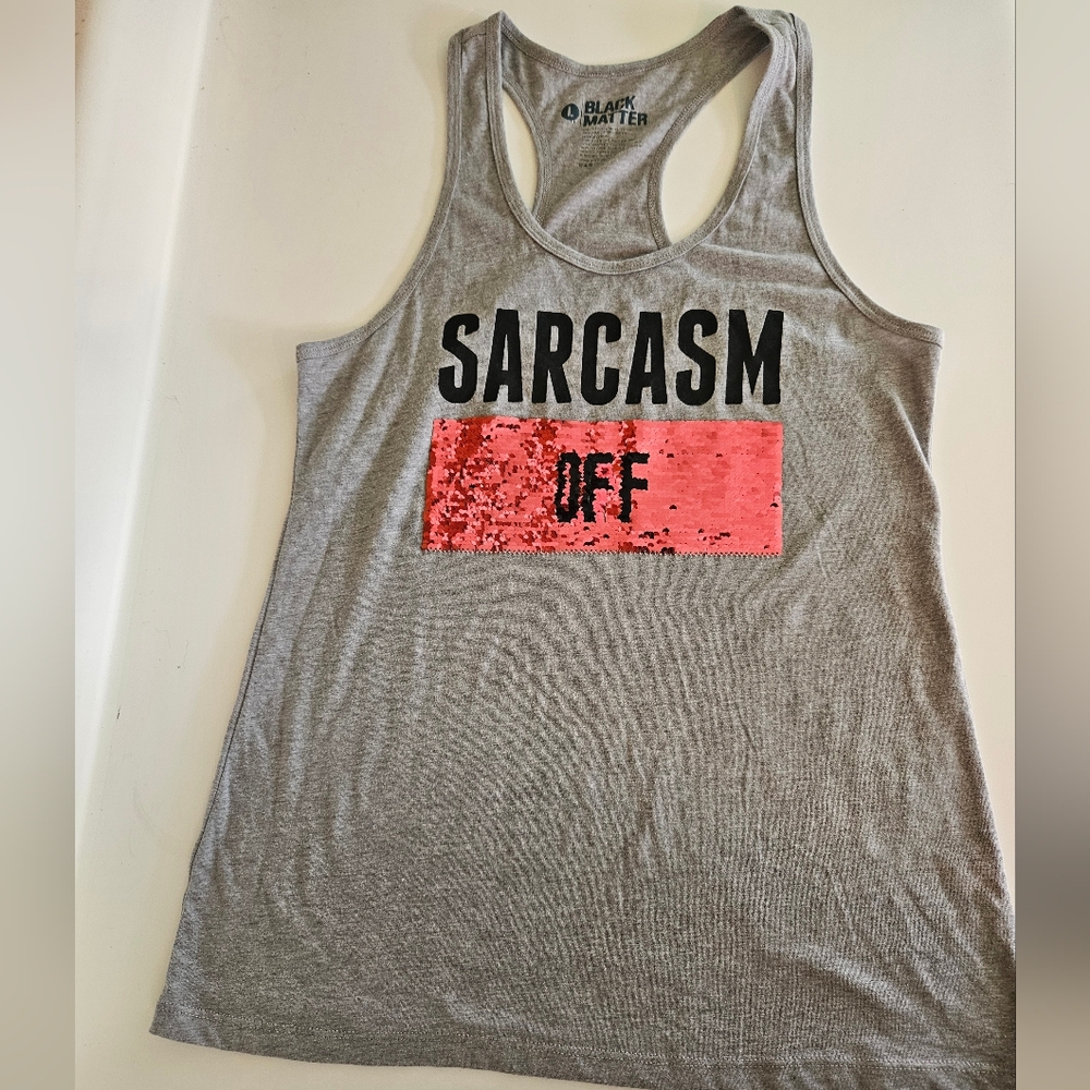 Hot Topic Black Matter Funny Gray Sequin Reversible Answer Tank Top Size Large